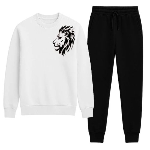 Lion Printed White Tracksuit Sweatshirt & Trouser