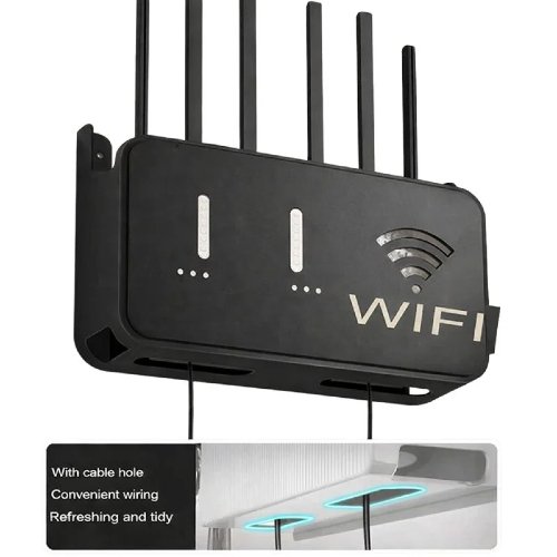 Black WiFi Router Storage Box & Wall Mount Shelf Universal Cable Organizer 