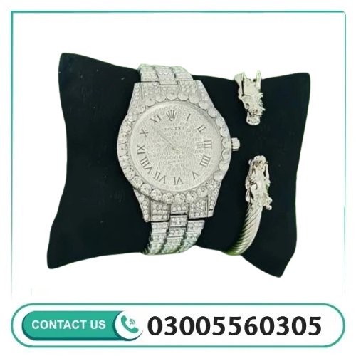 Rolex Iced Out Silver With Dragon Bracelet