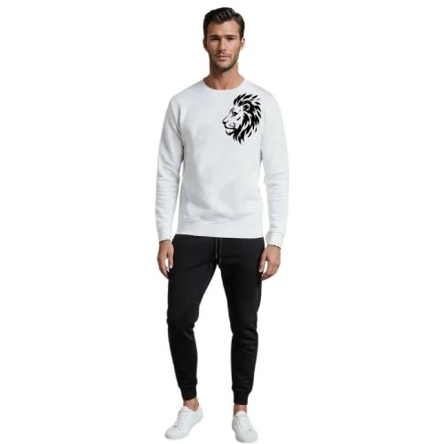 Lion Printed White Tracksuit Sweatshirt & Trouser