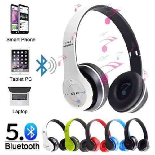 P47 Foldable Bluetooth Wireless Headphones With Built-in Microphone, FM Radio, Tf Card Support, for Pc, TV, Smartphones, Tablets - New