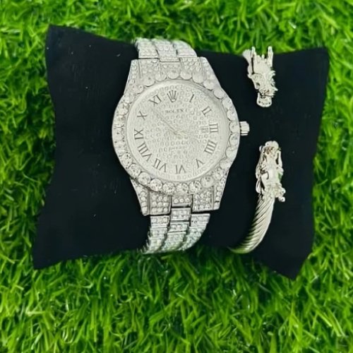 Rolex Iced Out Silver With Dragon Bracelet